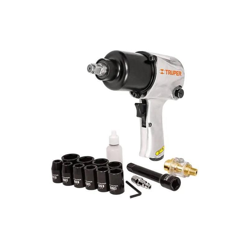 Llave Neumatica Pistola de Impacto 1/2" Industrial, Kit con Estuche Plastico carcasa en Aluminio, TPN-734H-2K 18281 Truper 327.