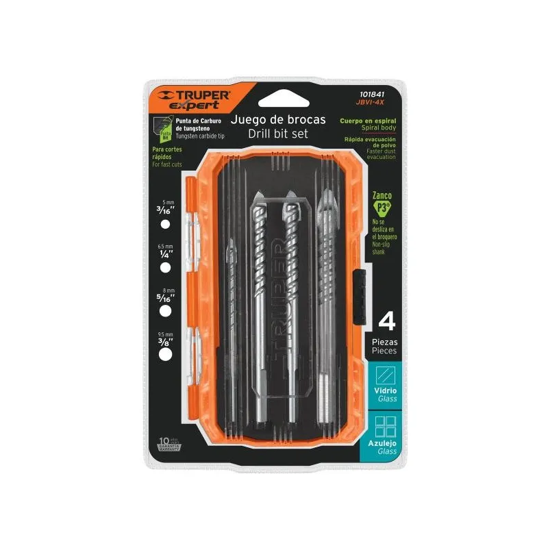 Juego de Brocas para Vidrios y Azulejos 4 Piezas Carburo de Tungsteno CEstuche, Truper 101841 32.20339 Juego de Brocas para Vid
