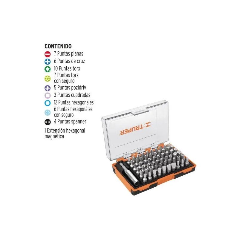 Juegos de 61 puntas mixtas, L1", Truper 10758 24.576271 Juegos de 61 puntas mixtas, L1", Truper 10758 Fabricadas en acero al c