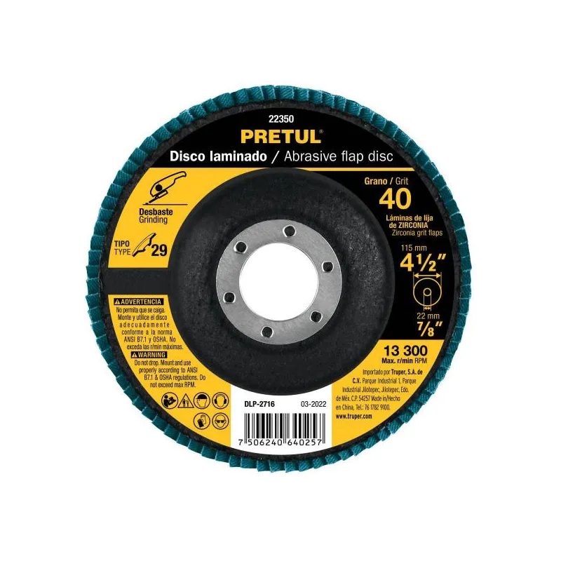 Discos Flap Discs Laminado 4 1/2" G40 Lija de Zirconia, DLP-2716 22350 Pretul 4.576271 Disco Abrasivo Flap Discs Laminado 4 1/2