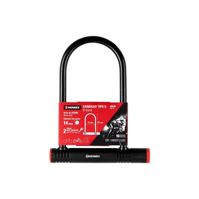 Candados 12mm Rigido Tipo "U" bicicletas motocicletas Portones Hermex 49620 24.576271 Candados 12mm Rigido Tipo "U" bicicletas