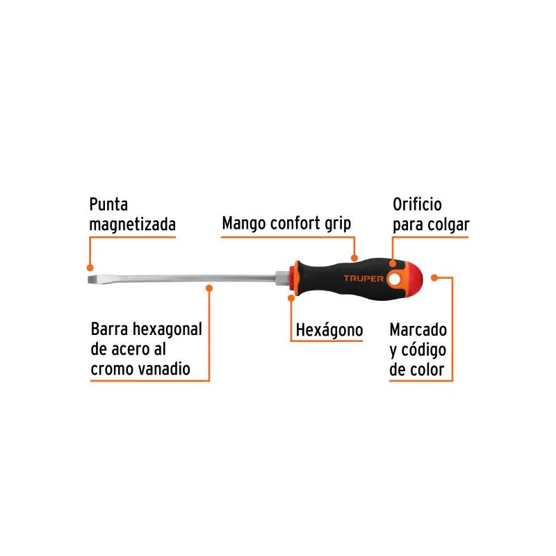 Desarmador Plano Bhex 3/16" x6" ComfortGrip Truper 100832 4.661017 Desarmador Plano 3/16" x6" Bhexagono ComfortGrip Magnetizada