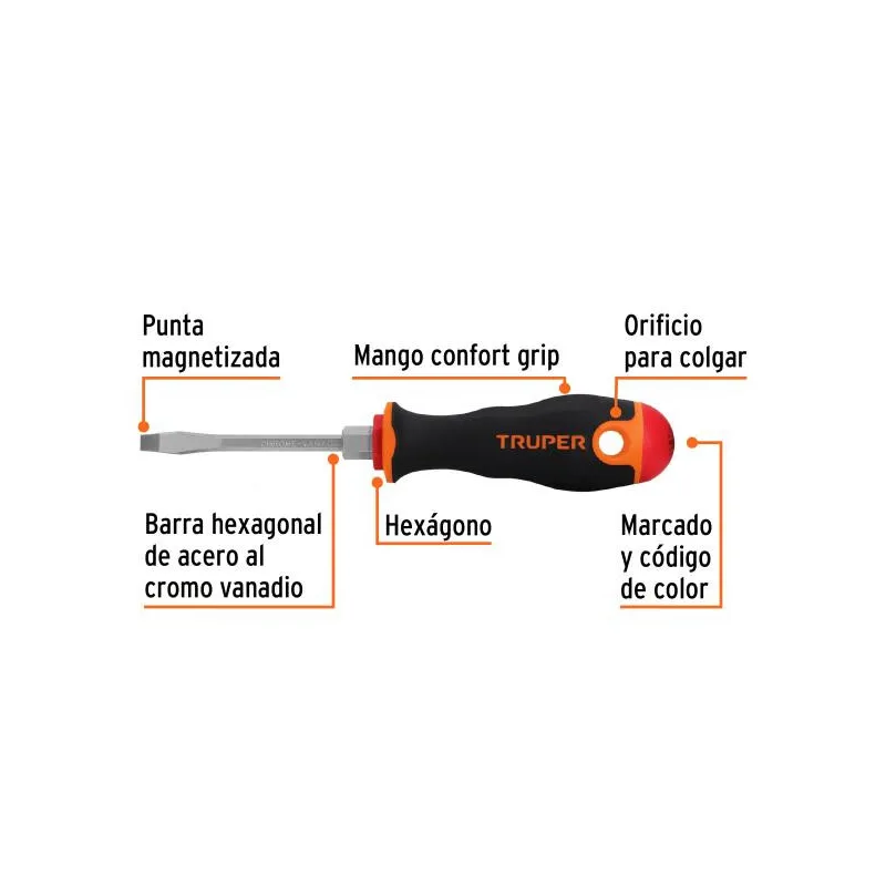 Desarmador Plano Bhex 3/16" x3" ComfortGrip Truper 100831 4.152542 Desarmador Plano 3/16" x3" Bhexagono ComfortGrip Magnetizada