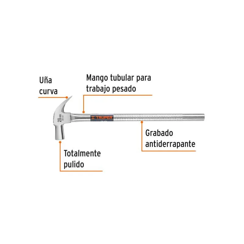 Martillos 20oz Cabeza Conica C29mm Ucurva MTubular19" Truper 11175 20.338983 Martillo Pulido uña curva Cabeza Conica 20oz, Cara