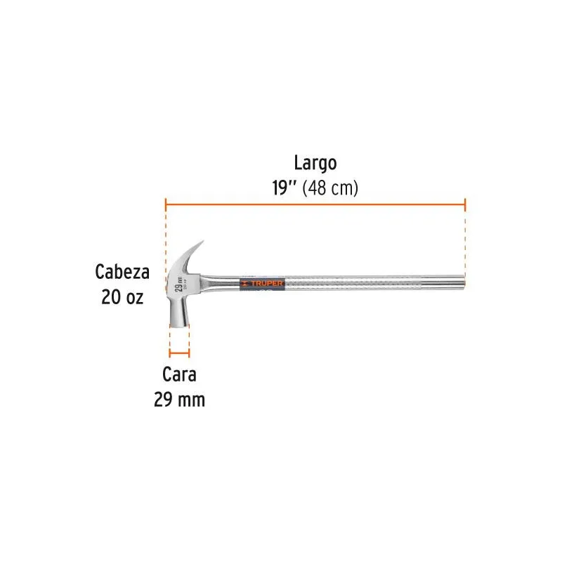 Martillos 20oz Cabeza Conica C29mm Ucurva MTubular19" Truper 11175 20.338983 Martillo Pulido uña curva Cabeza Conica 20oz, Cara