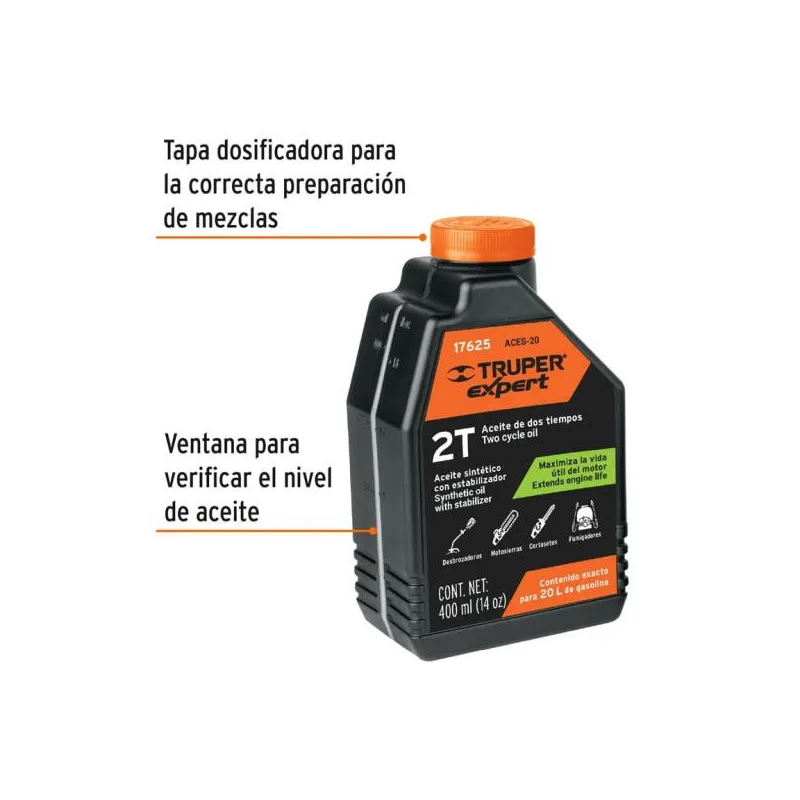 Aceite Sintetico 400ml 14oz Para 20L Gasolina motor 2 Tiempos Motos Desbrozadoras Motosierras, Truper ACES-20 17625 9.830508 Ac