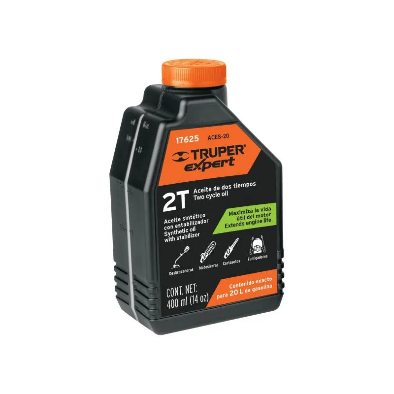 Aceite Sintetico 400ml 14oz Para 20L Gasolina motor 2 Tiempos Motos Desbrozadoras Motosierras, Truper ACES-20 17625 9.830508 Ac