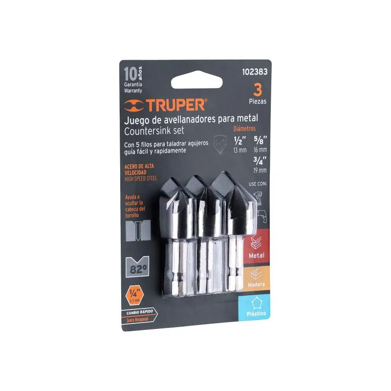 Juego Avellanadores 3 Piezas para Metal x50mm Z1/4 Truper 102383 30.508475 Juego Avellanadores 3 Piezas para Metal x50mm Z1/4 T