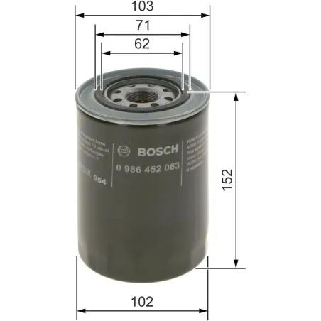  Filtros de Aceite 151.1x61.7x102 M26x1.5 Mitsubishi 4M41 Hyundai HD65 HD72 Bosch 0986452063 60.169492 Filtros de Aceite 151.1x6