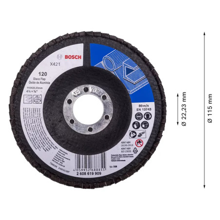 Disco Flap 4-1/2" 115mm G120 Curvo FibraVidrio x421 Bosch 2608619909 Bosch-Disco Flap 4-1/2" 115mm G120 Curvo FibraVidrio x421 B