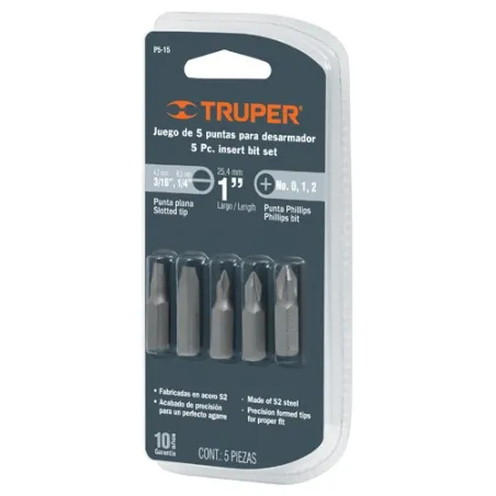  Juego de Puntas 5Piezas Phillips PH0 PH1 PH2 Plano 3/16 1/4" Largo1", para Desarmador Electrico o Manual, P5-15 17780 Truper 3.