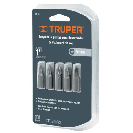  Juego de Puntas 5Piezas Pozidriv PZ0 PZ1 PZ2 PZ3 Largo1" para Desarmador Electrico o Manual, PZ-15 17798 Truper 3.135593 Punta 