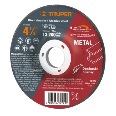  Discos Desbaste 4 1/2" x6.4mm Metal Tipo 27, Centro 7/8", Oxido de Aluminio, ABT-774 12565 Truper 3.474576 Disco Abrasivo Desba