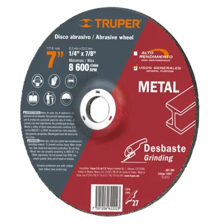  Discos Desbaste 7" x6.4mm Metal Tipo 27, Centro 7/8", Oxido de Aluminio, ABT-999 12567 Truper 7.966102 Disco Abrasivo Desbaste 