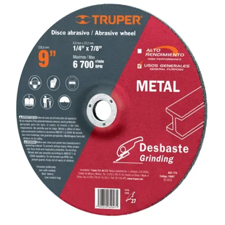  Discos Desbaste 9" x6.4mm Metal Tipo 27, Centro 7/8", Oxido de Aluminio, ABT-779 10667 Truper 11.440678 Disco Abrasivo Desbaste