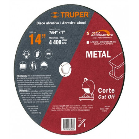 Disco Abrasivo Corte Metal AR 14" Tipo 1 Centro 1" 3.2mm RPM4400 Chop Saw, Oxido de Alumino, ABT-742 11567 Truper