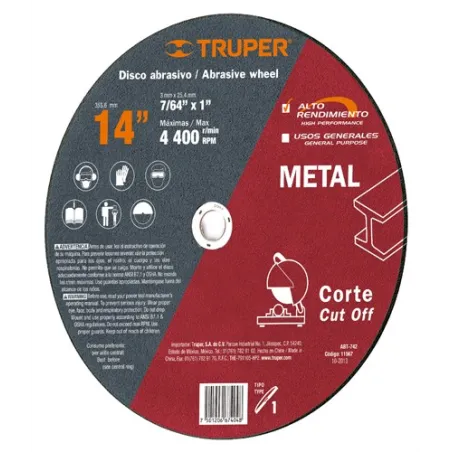  Discos Corte Metal 14" 355.6x2.8mm C1" T41 Chop Saw, Oxido de Alumino, ABT-742 11567 Truper 13.559322 Disco Abrasivo Corte Meta
