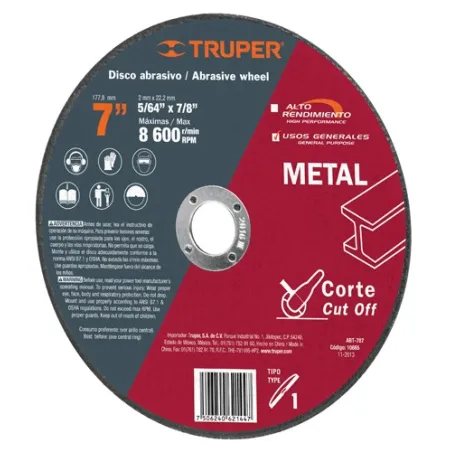  Discos Corte Metal 7" x2mm T41 Oxido de Alumino, ABT-787 10665 Truper 4.152542 Disco Abrasivo Corte Metal UG 7" Tipo 1 Centro 7