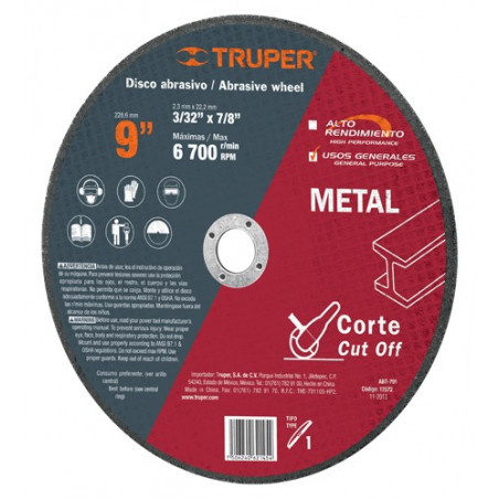 Disco Abrasivo Corte Metal UG 9" Tipo 1 Centro 7/8" 2.3mm RPM6700, Oxido de Alumino, ABT-791 12572 Truper