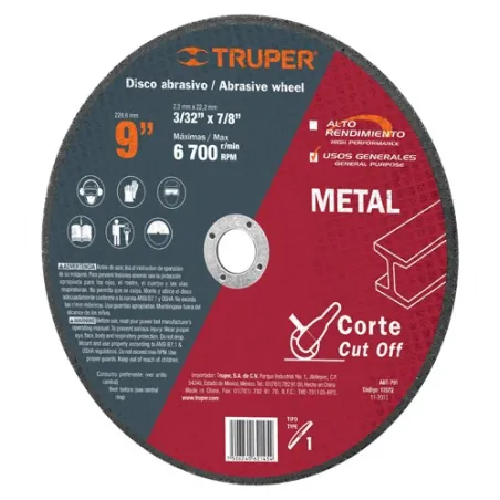  Discos Corte Metal 9" x2.3mm T41 Oxido de Alumino, ABT-791 12572 Truper 6.610169 Disco Abrasivo Corte Metal UG 9" Tipo 1 Centro