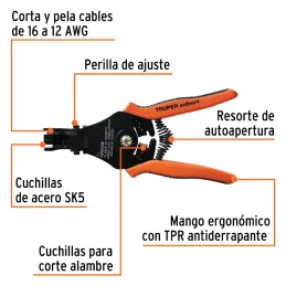 Alicates Pela Cable Automatico 6" 16-12AWG CuchillaSK5Truper 17376 Truper-Pela Cable Automatico 6" Pulgadas, Cuchillas acero SK5