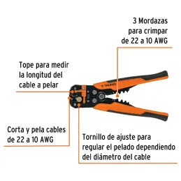 Alicate Pela Cable Automatico 8" 22-10 AWG 3Mordazas Truper 17360 Truper-Pela Cable Automatico 8" Pulgadas, Calibres de 10 a 22 