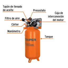 Compresor 180L vertical 4HP DoblePiston Truper 103304 Truper-Compresor 180L vertical 4HP DoblePiston Truper 103304 Motor bifásic