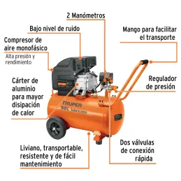 Compresoras 50L 3.5HP Lubricada Automatico Bifasico Con Manguera y Pistola, Truper 101744 Truper-Compresoras 50L 3.5HP Lubricada