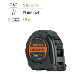 Winchas Flexometro Cinta Negra 5M TPR ABS Truper 102598 Truper-Winchas Flexometro Cinta Negra 5M TPR ABS Truper 102598 Carcasa d