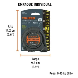 Winchas Flexometro Cinta Negra 8M TPR ABS Truper 11747 Truper-Winchas Flexometro Cinta Negra 8M TPR ABS Truper 11747Carcasa de A