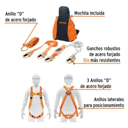 Kit contra caídas con arnes de tres anillos ANSI Truper 100887 Truper-Kit contra caídas con arnes de tres anillos ANSI Truper 10
