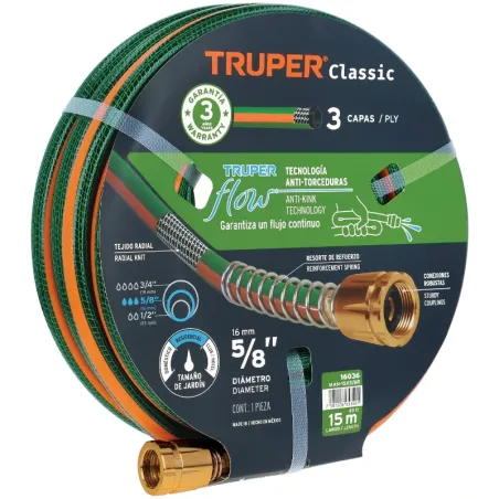 Mangueras 5/8" x15m 3capas Reforzada ConexionesMetalicas Truper 16036 Truper-Mangueras 5/8" x15m 3capas Reforzada ConexionesMeta