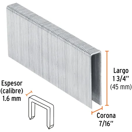 Grapas Corona 7/16" Calibre 16 L45mm Engrapadora Neumatica C1000u Truper 13348 Truper-Grapas Corona 7/16" Calibre 16 L45mm Engra