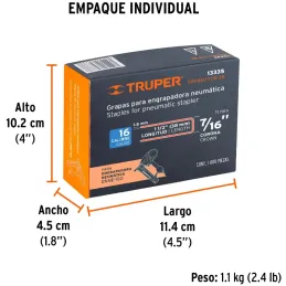 Grapas Corona 7/16" Calibre 16 L38mm Engrapadora Neumatica C1000u Truper 13335 Truper-Grapas Corona 7/16" Calibre 16 L38mm Engra