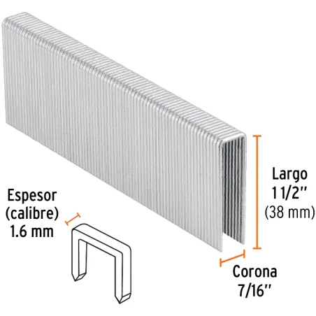 Grapas Corona 7/16" Calibre 16 L38mm Engrapadora Neumatica C1000u Truper 13335 Truper-Grapas Corona 7/16" Calibre 16 L38mm Engra