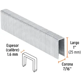 Grapas Corona 7/16" Calibre 16 L25mm Engrapadora Neumatica C1000u Truper 13321 Truper-Grapas Corona 7/16" Calibre 16 L25mm Engra