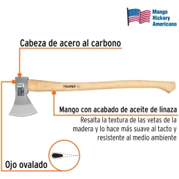 Hacha europeo 800g MangoHickory 28" Truper 101768 Truper-Hacha europeo 800g MangoHickory 28" Truper 101768 Cabeza en acero al ca
