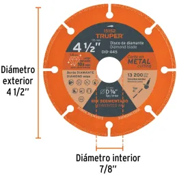 Discos de diamantes 4-1/2" x1.6mm para corte metal E7/8 Truper 15152 Truper-Discos de diamantes 4-1/2" x1.6mm para corte metal E