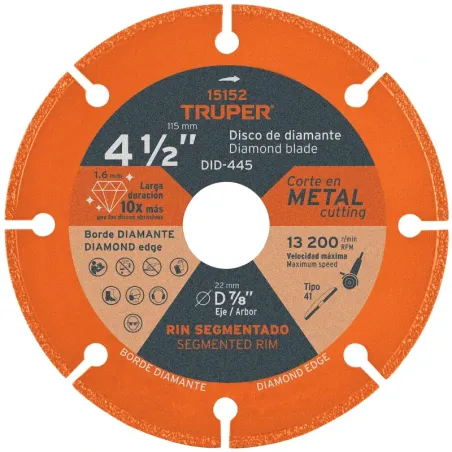 Discos de diamantes 4-1/2" x1.6mm para corte metal E7/8 Truper 15152 Truper-Discos de diamantes 4-1/2" x1.6mm para corte metal E