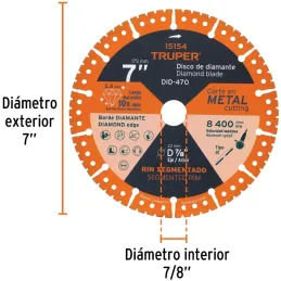 Discos de diamantes 7" x2.8mm para corte metal E7/8 Truper 15154 Truper-Discos de diamantes 7" x2.8mm para corte metal E7/8 Trup