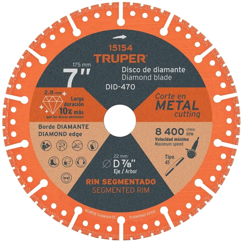 Discos de diamantes 7" x2.8mm para corte metal E7/8 Truper 15154 Truper-Discos de diamantes 7" x2.8mm para corte metal E7/8 Trup
