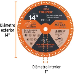 Discos de diamantes 14" x4mm para corte metal E1 Truper 15156 Truper-Discos de diamantes 14" x4mm para corte metal E1 Truper 151