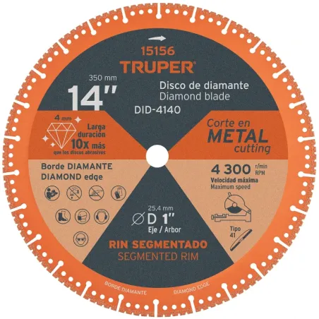 Discos de diamantes 14" x4mm para corte metal E1 Truper 15156 Truper-Discos de diamantes 14" x4mm para corte metal E1 Truper 151