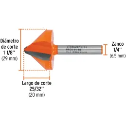 Fresas Corte V 1-1/8" x20mm Truper 102719 Truper-Fresas Corte V 1-1/8" x20mm Truper 102719 Cuerpo de acero al cromo y cuchilla d