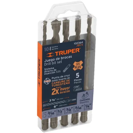 Juego de Brocas para Concreto SDS Plus 5 Piezas Truper 102364 Truper-Juego de Brocas para Concreto SDS Plus 5 Piezas Truper 1023