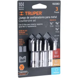 Juego Avellanadores 3 Piezas para Metal x50mm Z1/4 Truper 102383 Truper-Juego Avellanadores 3 Piezas para Metal x50mm Z1/4 Trupe