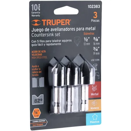 Juego Avellanadores 3 Piezas para Metal x50mm Z1/4 Truper 102383 Truper-Juego Avellanadores 3 Piezas para Metal x50mm Z1/4 Trupe