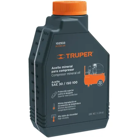 Aceite Mineral 1L SAE 30 Alta Viscocidad para Compresoras Truper 102533 Truper-Aceite Mineral 1L SAE 30 Alta Viscocidad para Com