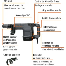 Martillo demoledor SDS Max 25J 1500W 10kg 220V Expert Truper 102469 Truper-Martillo demoledor SDS Max 25J 1500W 10kg 220V Expert