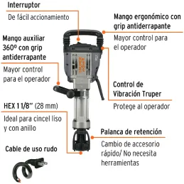 Martillos Demoledores 1600W HEX 1-1/8" 55J CVT Expert Truper 102468 Truper-Martillos Demoledores 1600W HEX 1-1/8" 55J CVT Expert